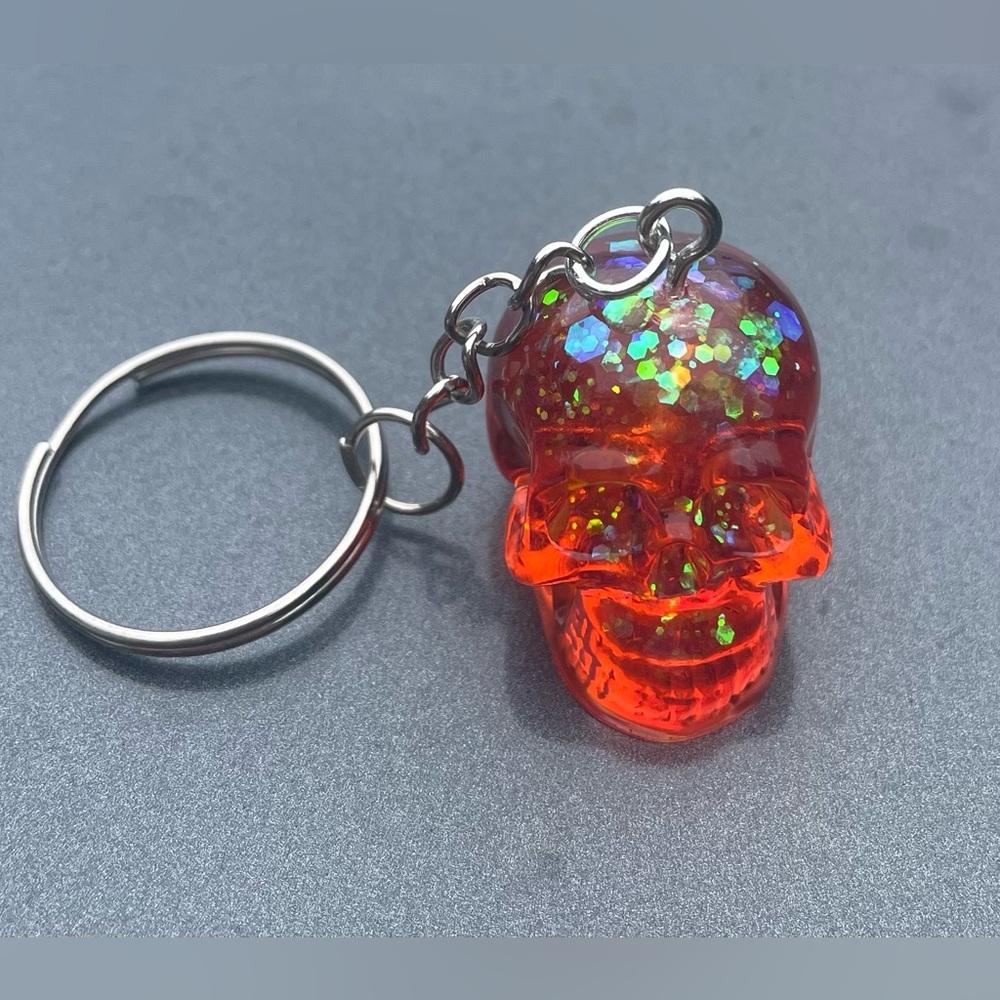 Hand Crafted Resin Orange Glitter Skull Keychain